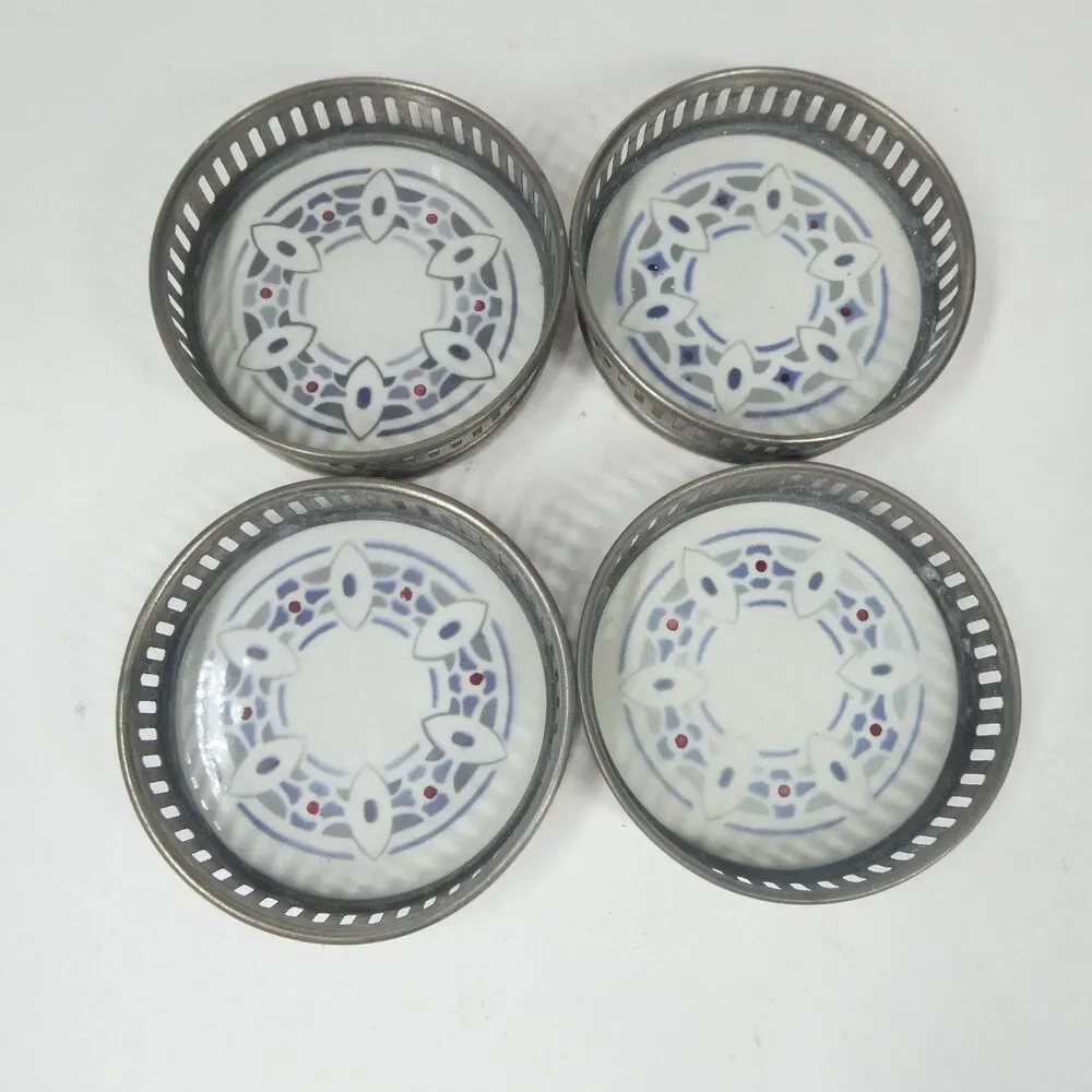 4 Coasters Set Vintage Ceramic Geometric With Pierced Metal Rim